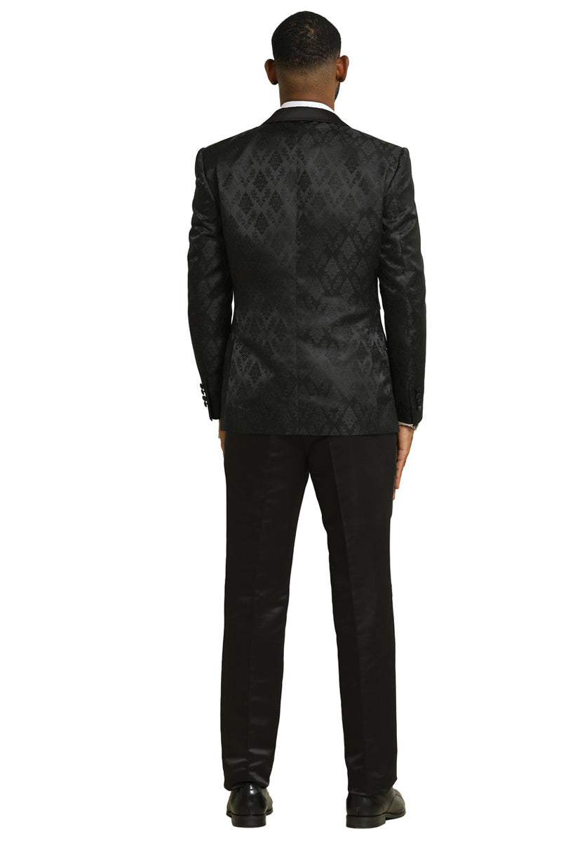 Men's Stacy Adams Shiny Brocade Wedding & Prom Tuxedo with Double Breasted Vest in Black - 34 Short