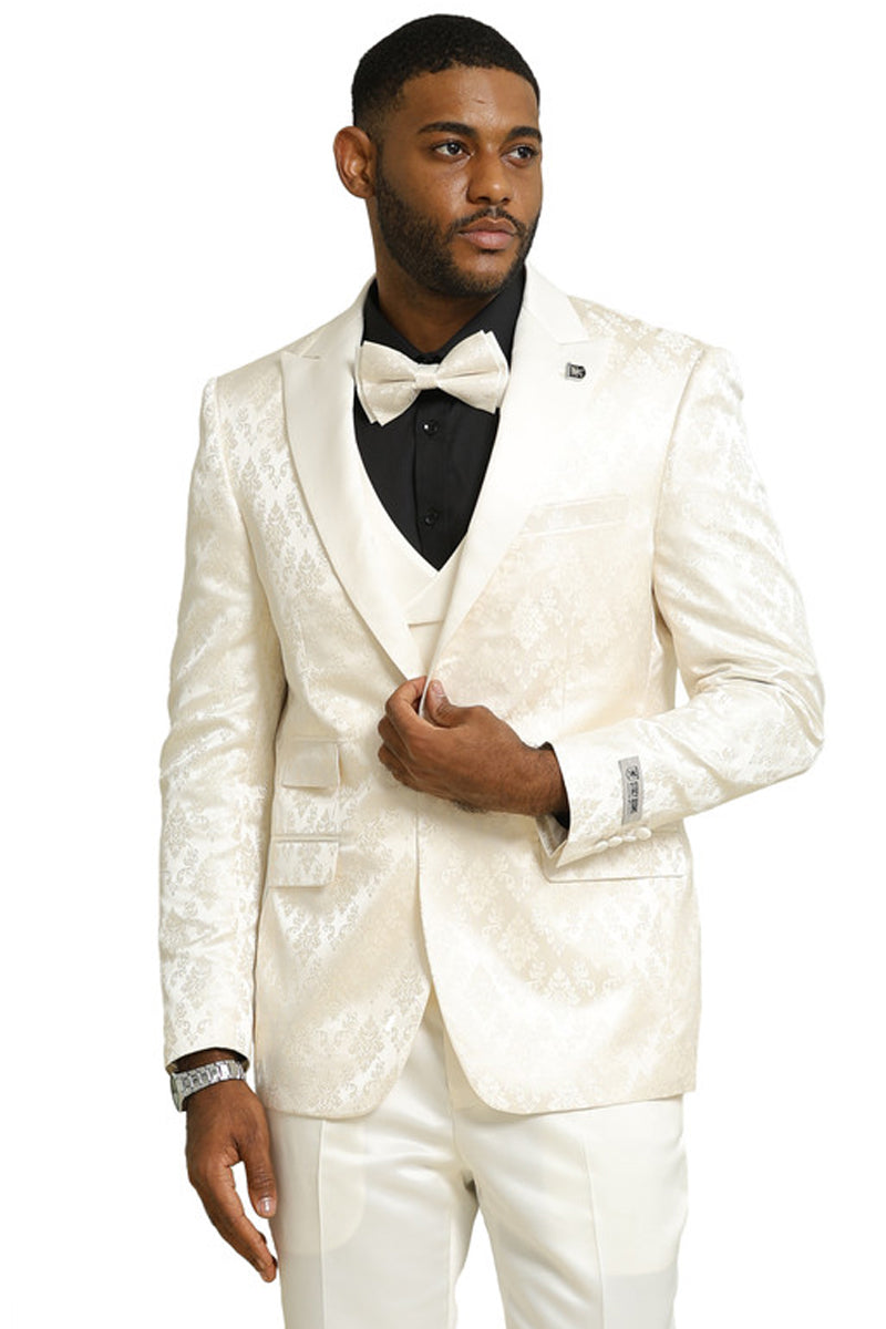Men's Stacy Adams Shiny Brocade Wedding & Prom Tuxedo with Double Breasted Vest in Ivory - 34 Short