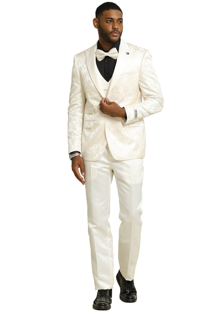 Men's Stacy Adams Shiny Brocade Wedding & Prom Tuxedo with Double Breasted Vest in Ivory