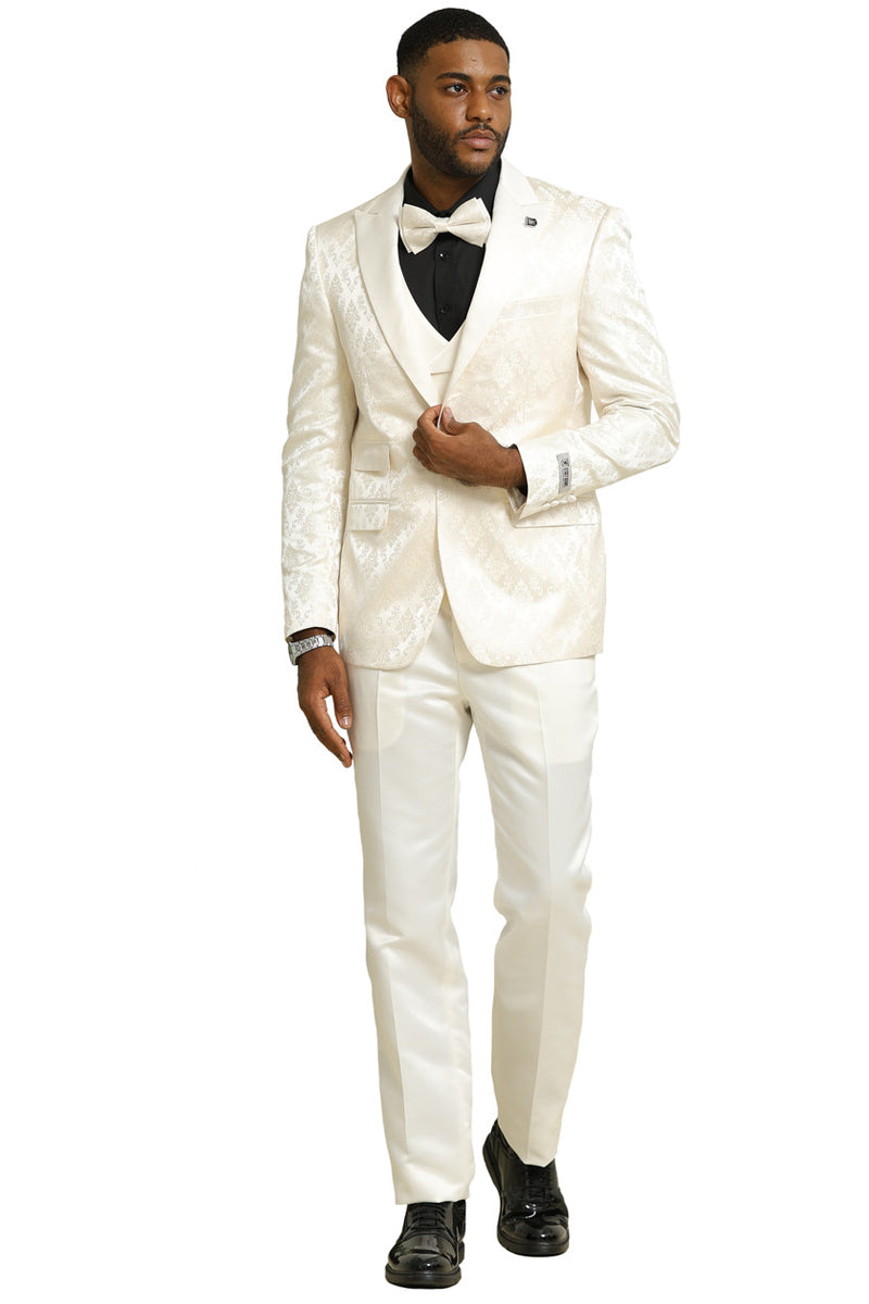 Men's Stacy Adams Shiny Brocade Wedding & Prom Tuxedo with Double Breasted Vest in Ivory - 34 Short