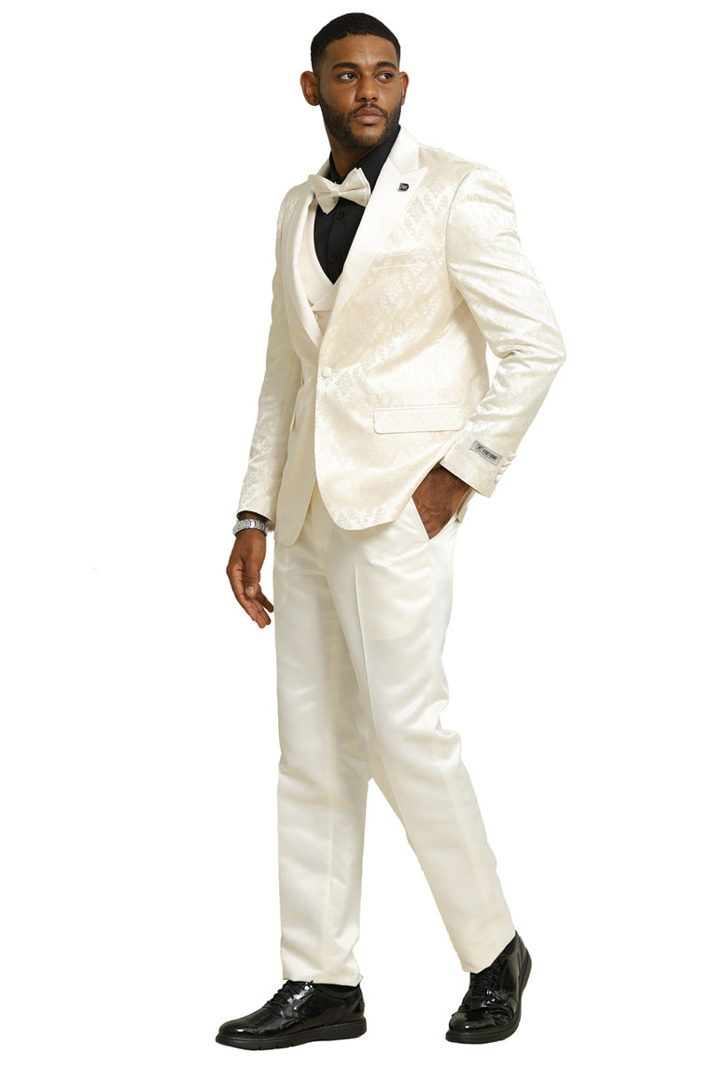 Men's Stacy Adams Shiny Brocade Wedding & Prom Tuxedo with Double Breasted Vest in Ivory - 34 Short