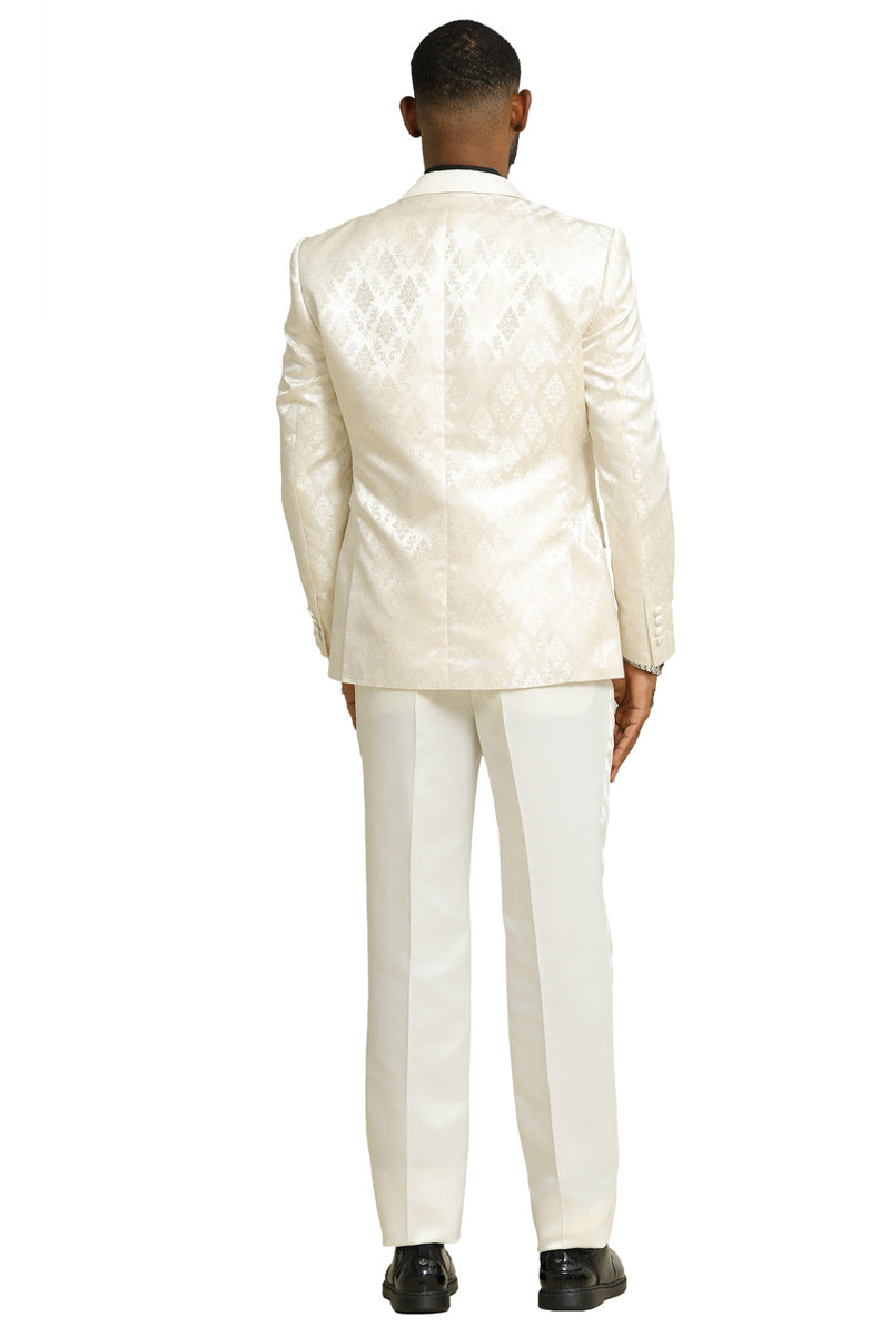 Men's Stacy Adams Shiny Brocade Wedding & Prom Tuxedo with Double Breasted Vest in Ivory - 34 Short