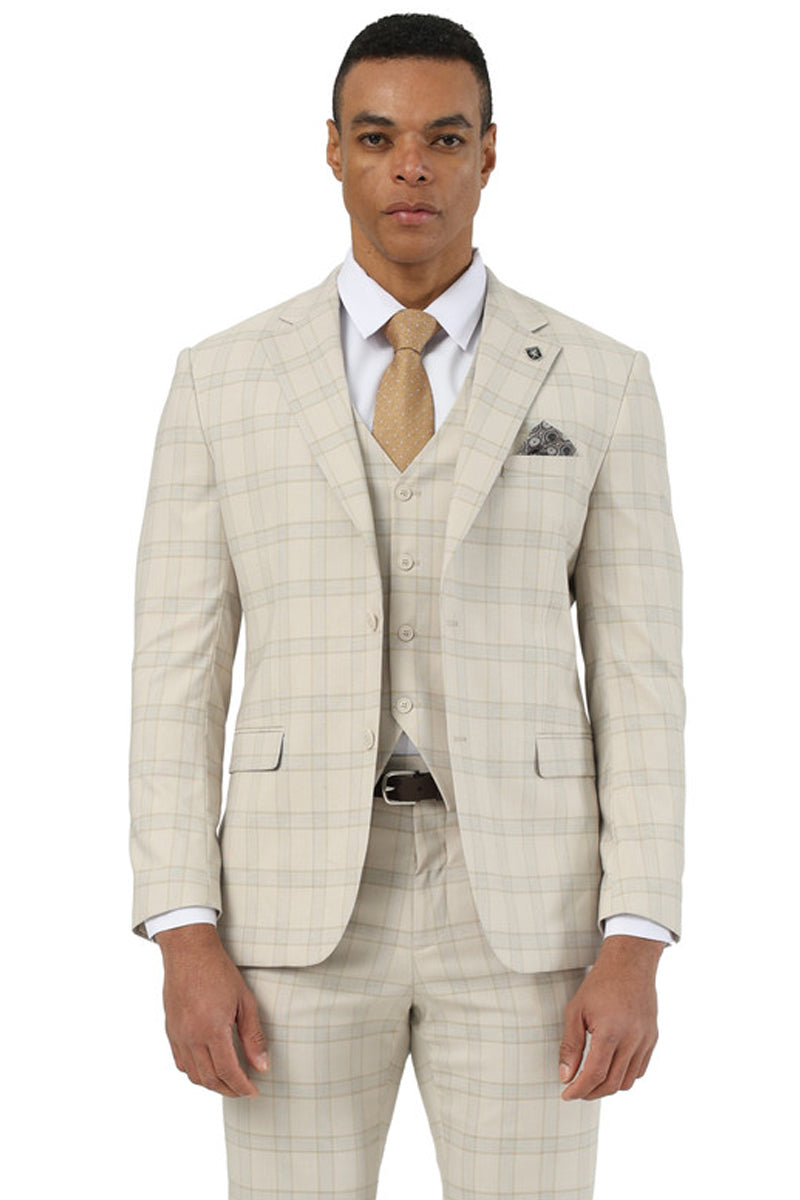 Men's Designer Stacy Adams Vested Glen Plaid Suit in Beige - 34 Regular