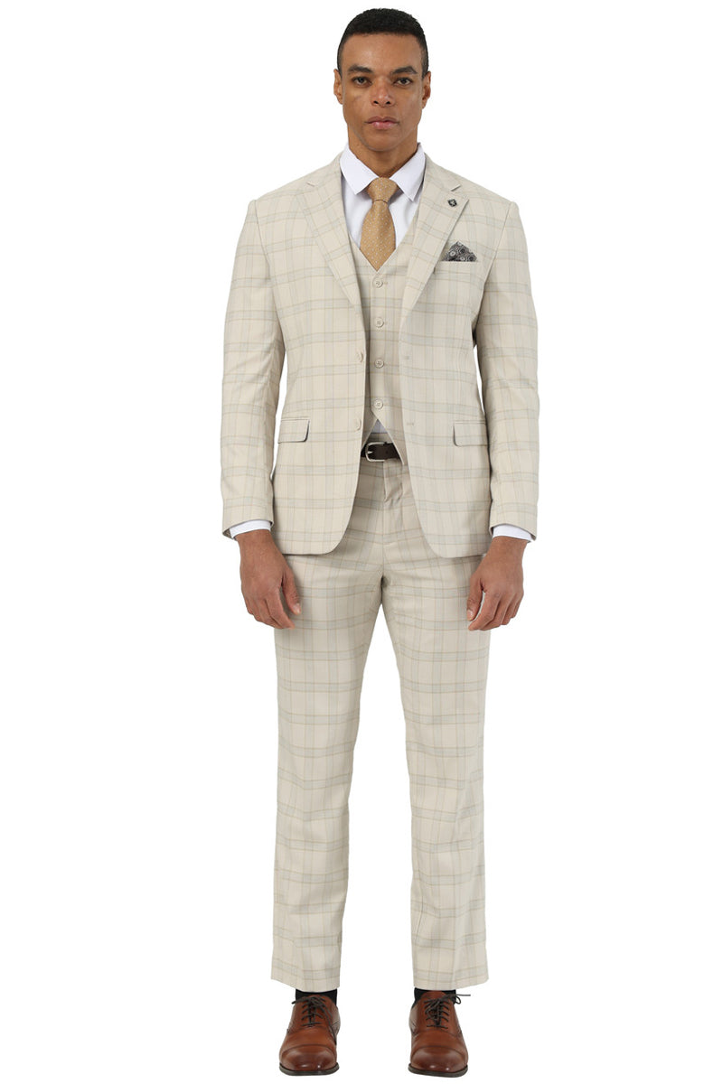 Men's Designer Stacy Adams Vested Glen Plaid Suit in Beige - 34 Regular