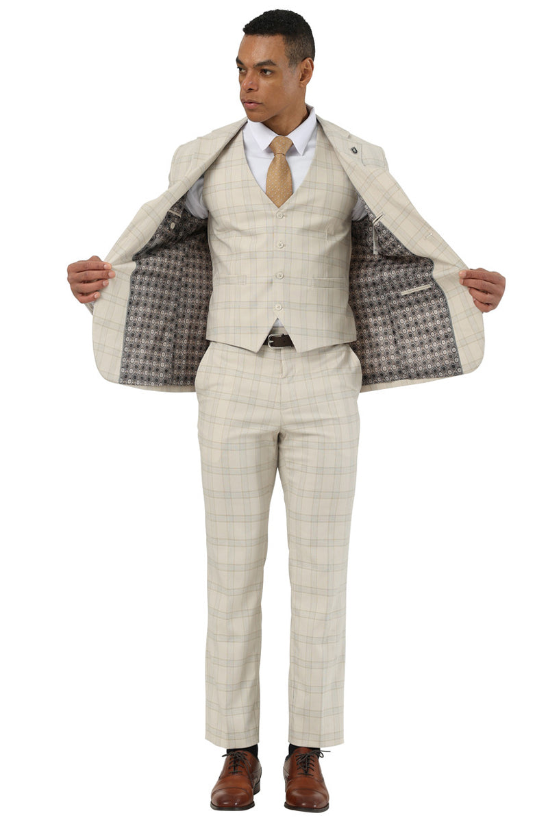 Men's Designer Stacy Adams Vested Glen Plaid Suit in Beige - 34 Regular