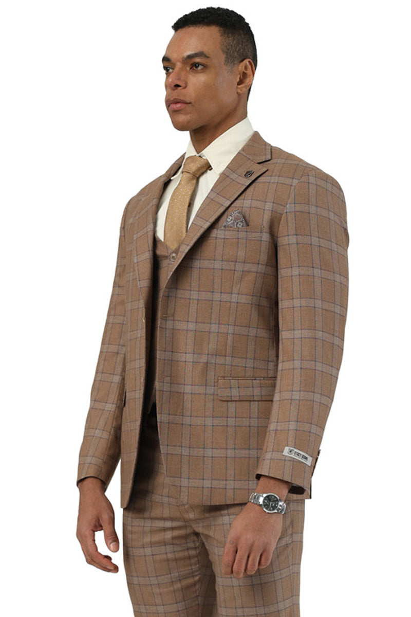 Men's Designer Stacy Adams Vested Glen Plaid Suit in Brown - 34 Regular