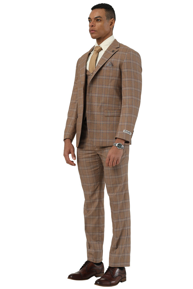 Men's Designer Stacy Adams Vested Glen Plaid Suit in Brown - 34 Regular