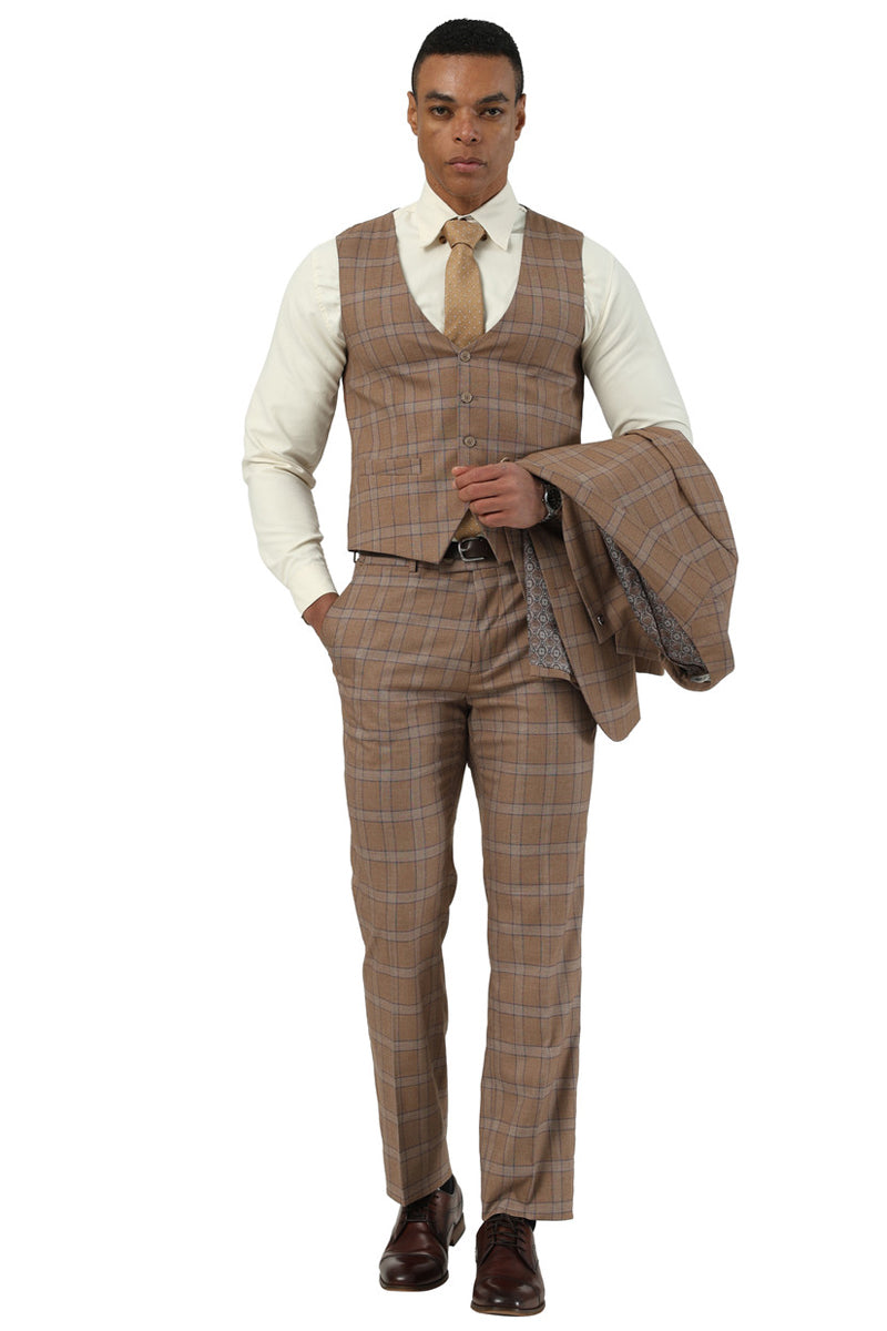 Men's Designer Stacy Adams Vested Glen Plaid Suit in Brown - 34 Regular