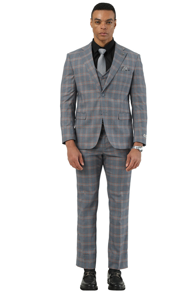 Men's Designer Stacy Adams Vested Glen Plaid Suit in Grey & Orange - 34 Regular