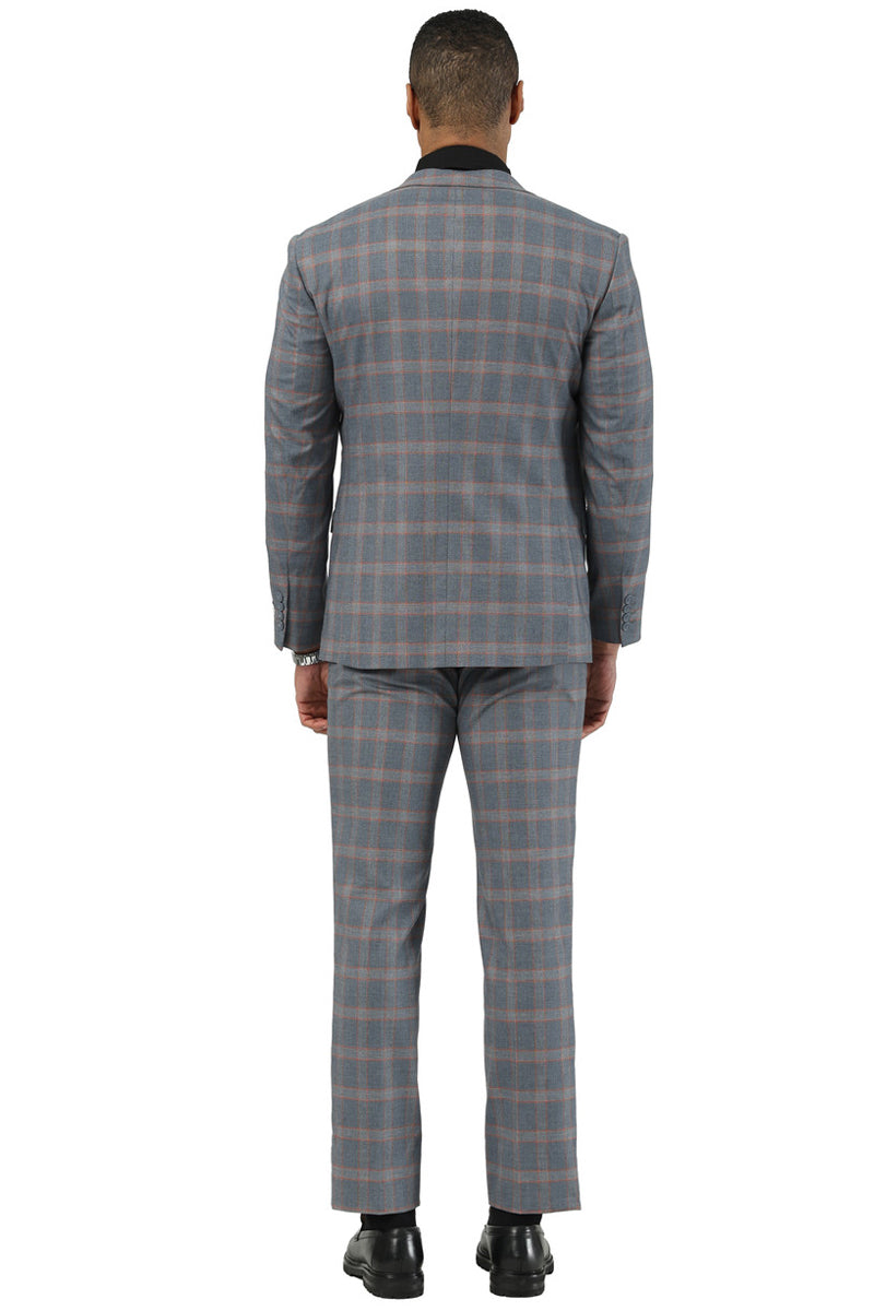 Men's Designer Stacy Adams Vested Glen Plaid Suit in Grey & Orange - 34 Regular