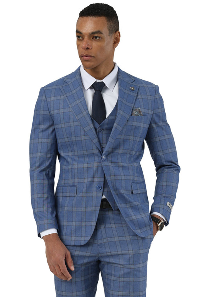 Men's Designer Stacy Adams Vested Glen Plaid Suit in Blue - 34 Regular