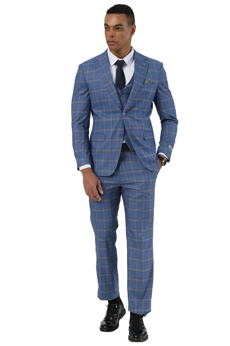 Men's Designer Stacy Adams Vested Glen Plaid Suit in Blue - 34 Regular