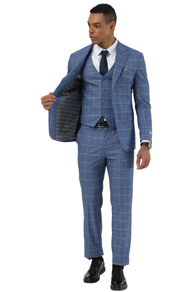 Men's Designer Stacy Adams Vested Glen Plaid Suit in Blue - 34 Regular