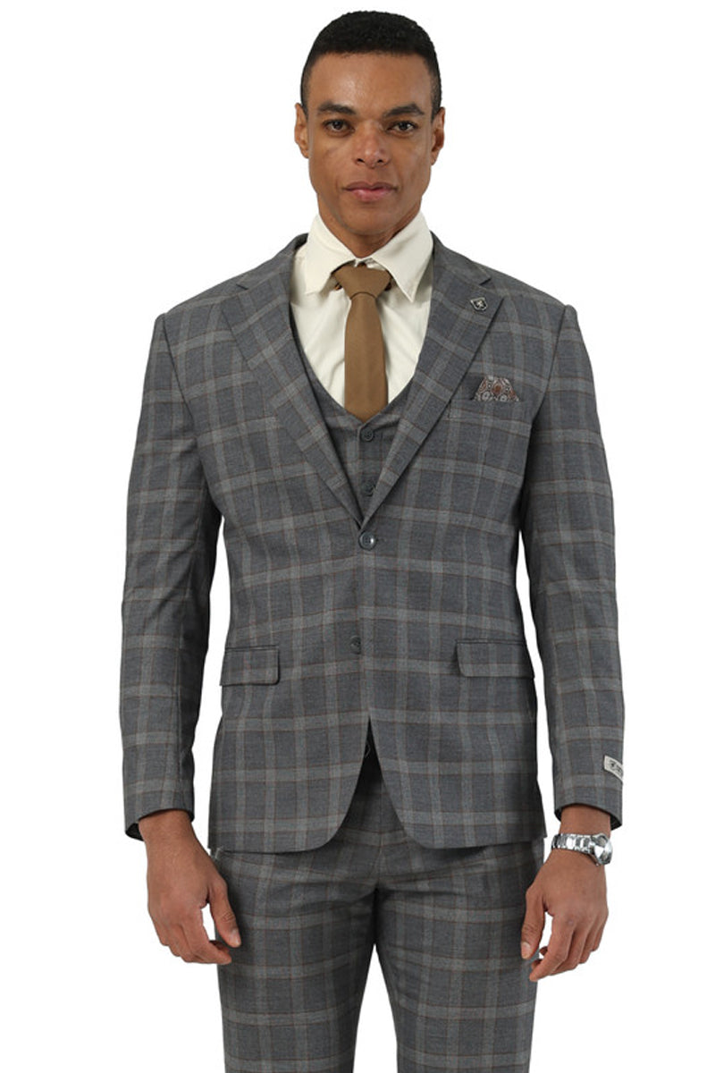 Men's Designer Stacy Adams Vested Glen Plaid Suit in Charcoal & Brown - 34 Regular