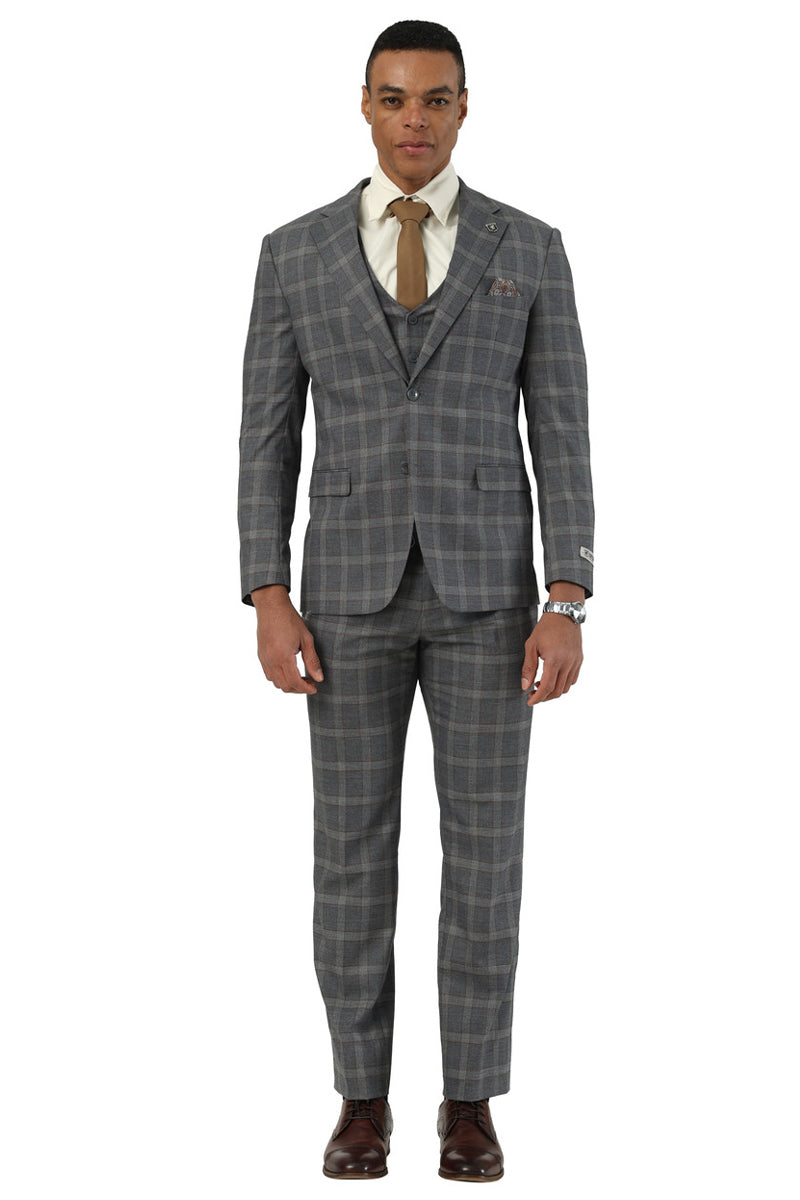 Men's Designer Stacy Adams Vested Glen Plaid Suit in Charcoal & Brown - 34 Regular
