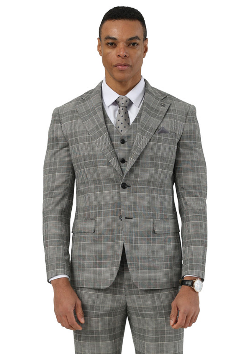 Men's Stacy Adams Two Button Wide Notch Lapel Vested Suit in Grey Glen Plaid - 34 Short