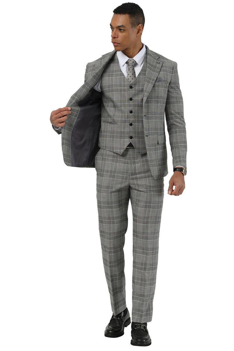 Men's Stacy Adams Two Button Wide Notch Lapel Vested Suit in Grey Glen Plaid - 34 Short