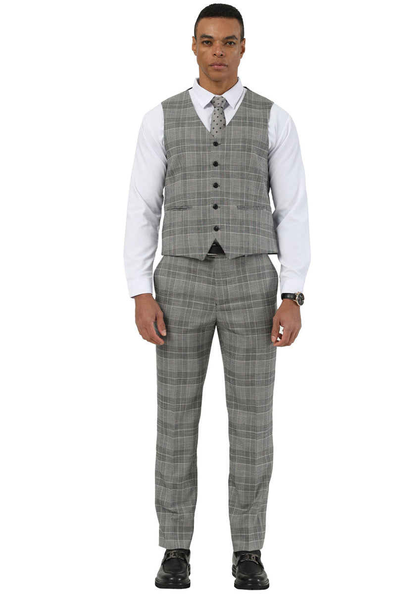 Men's Stacy Adams Two Button Wide Notch Lapel Vested Suit in Grey Glen Plaid - 34 Short