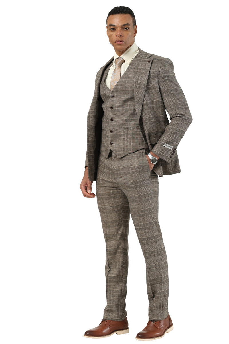 Men's Stacy Adams Two Button Wide Notch Lapel Vested Suit in Brown Glen Plaid - 34 Short