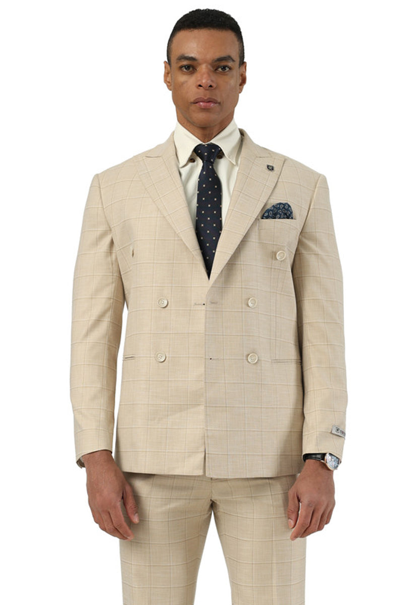 Men's Stacy Adams Double Breasted Summer Suit in Beige Windowpane Plaid - 34 Short