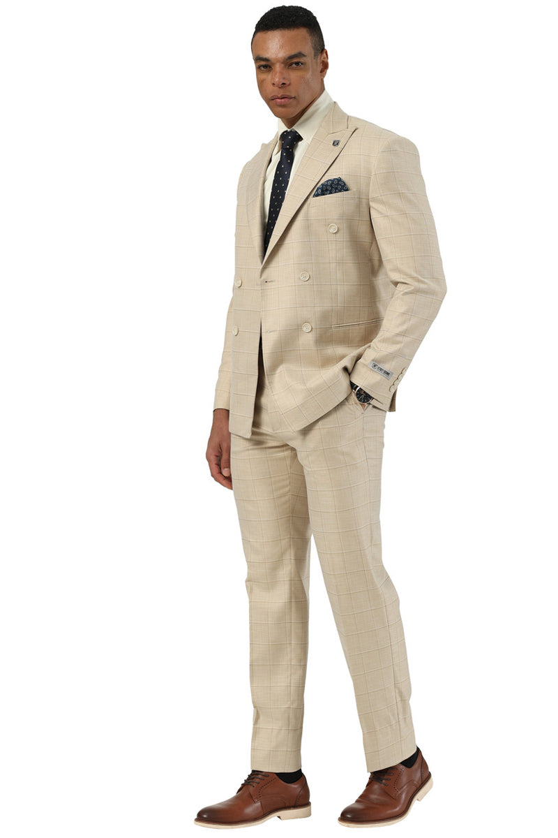 Men's Stacy Adams Double Breasted Summer Suit in Beige Windowpane Plaid - 34 Short