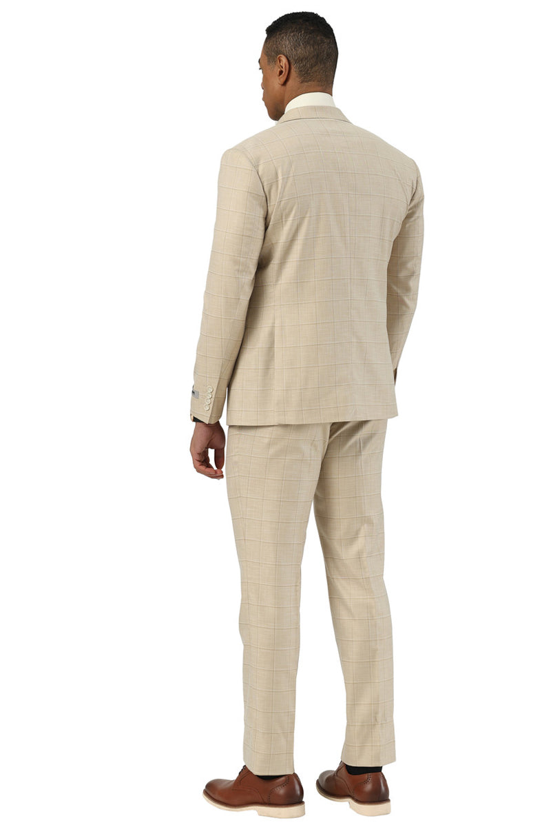 Men's Stacy Adams Double Breasted Summer Suit in Beige Windowpane Plaid - 34 Short