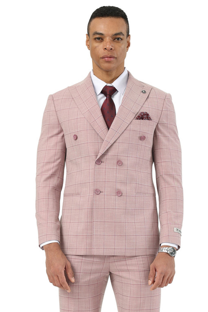 Men's Stacy Adams Double Breasted Summer Suit in Pink Windowpane Plaid - 34 Short
