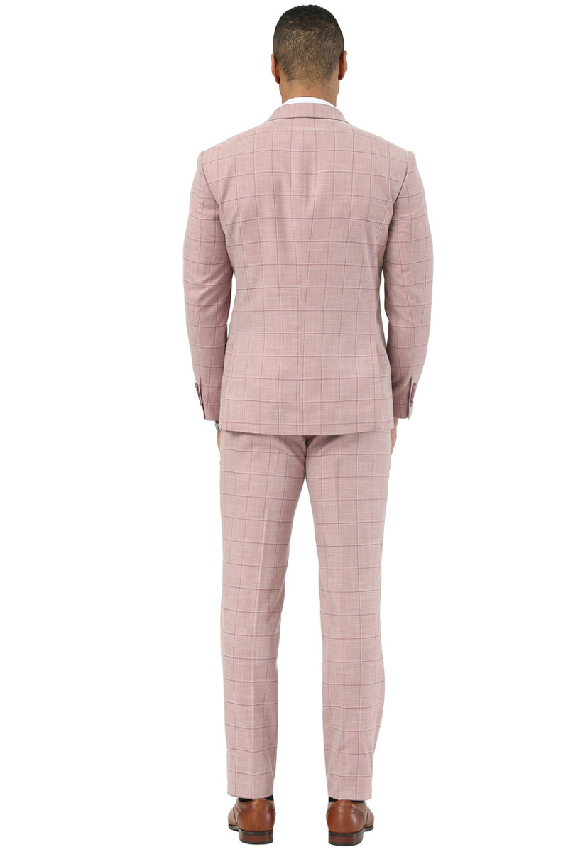 Men's Stacy Adams Double Breasted Summer Suit in Pink Windowpane Plaid - 34 Short