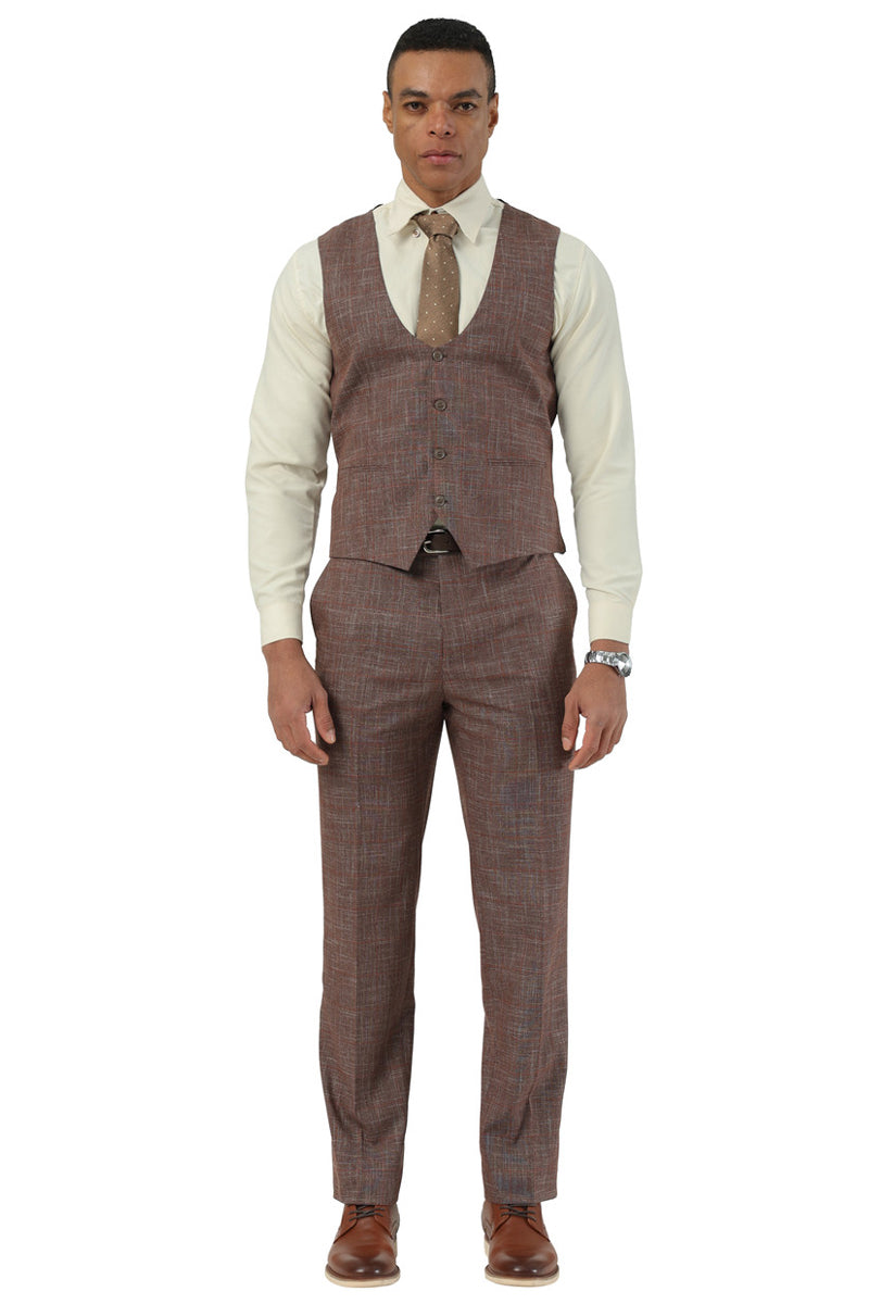 Men's Stacy Adams One Button Peak Lapel Vested Suit in Brown Sharkskin Windowpane - 34 Short