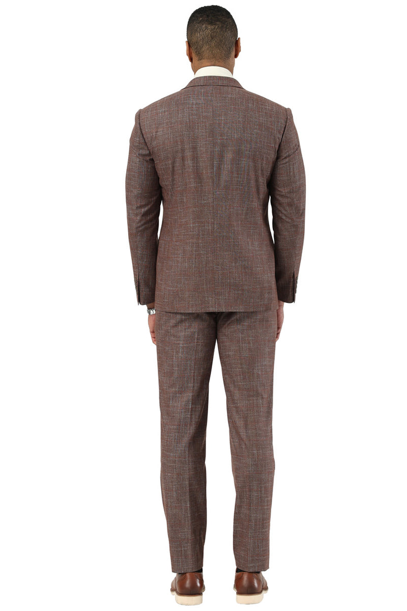 Men's Stacy Adams One Button Peak Lapel Vested Suit in Brown Sharkskin Windowpane - 34 Short