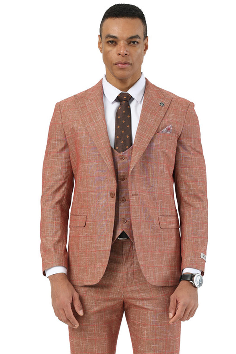 Men's Stacy Adams One Button Peak Lapel Vested Suit in Taupe Sharkskin Windowpane - 34 Short