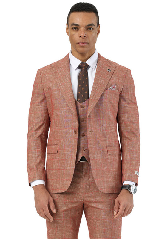 Men's Stacy Adams One Button Peak Lapel Vested Suit in Taupe Sharkskin Windowpane