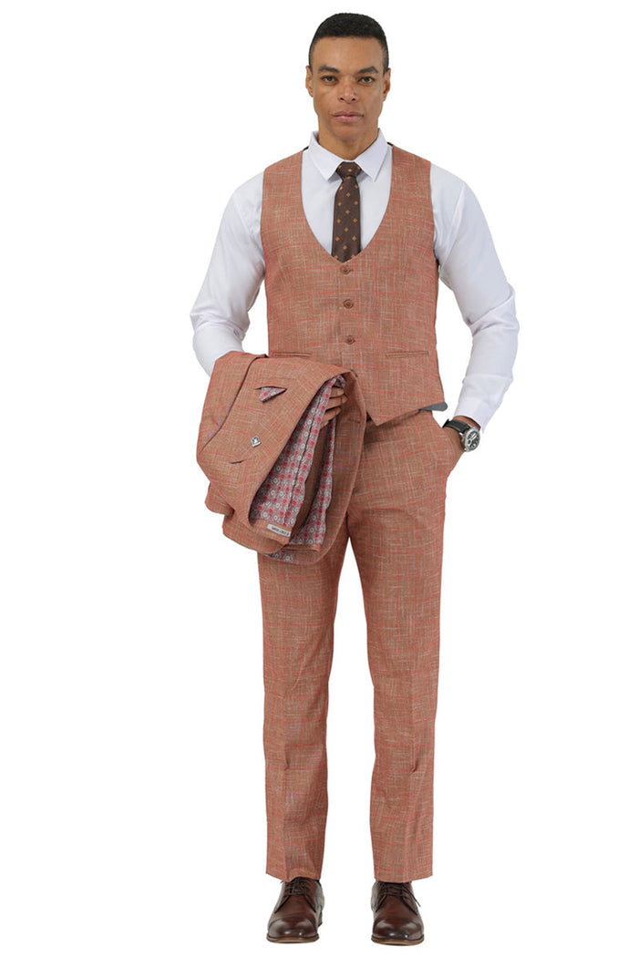 Men's Stacy Adams One Button Peak Lapel Vested Suit in Taupe Sharkskin Windowpane