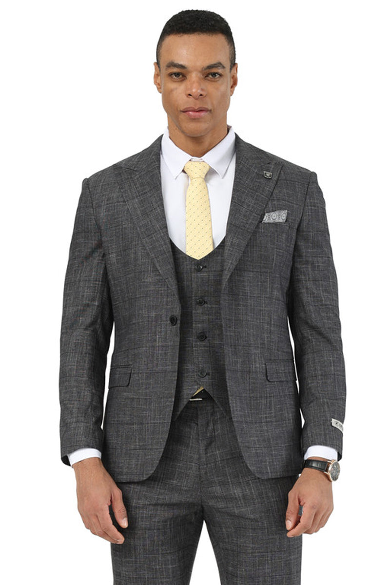 Men's Stacy Adams One Button Peak Lapel Vested Suit in Black Sharkskin Windowpane - 34 Short