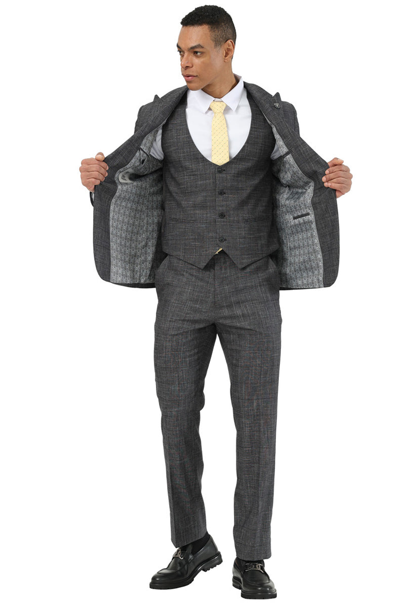 Men's Stacy Adams One Button Peak Lapel Vested Suit in Black Sharkskin Windowpane - 34 Short