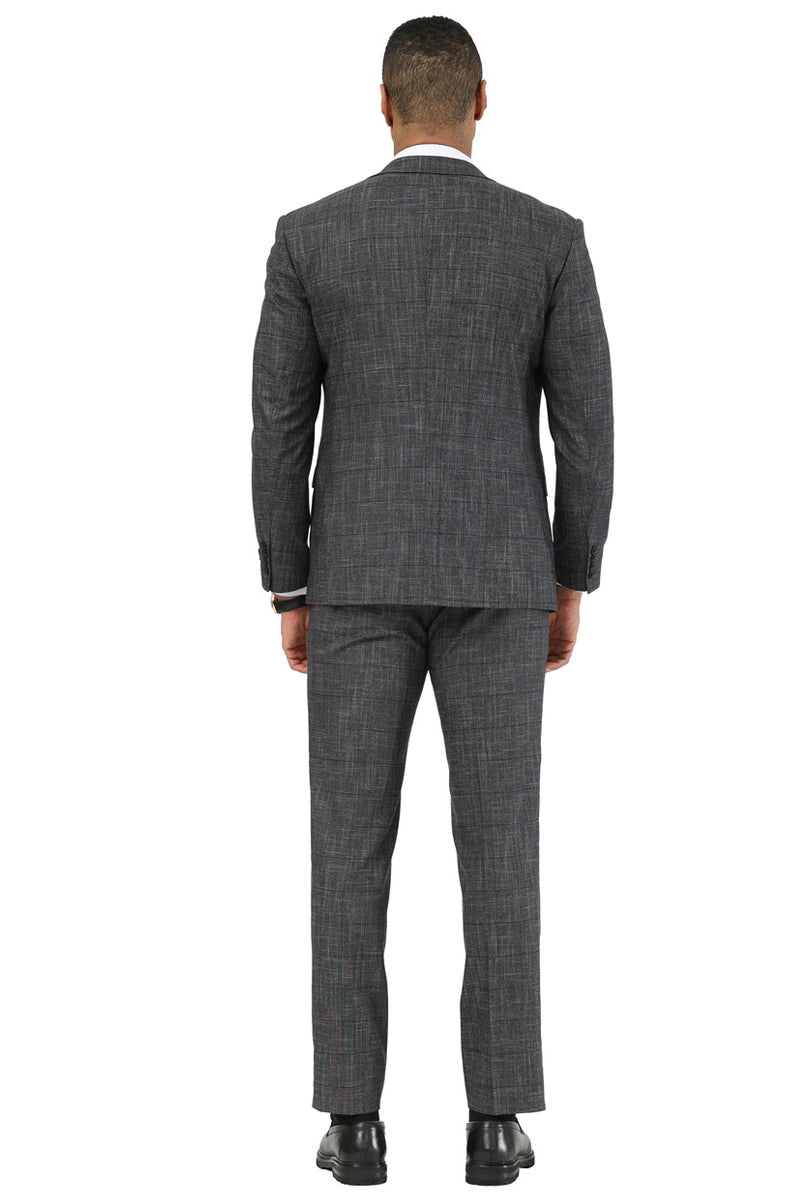 Men's Stacy Adams One Button Peak Lapel Vested Suit in Black Sharkskin Windowpane - 34 Short