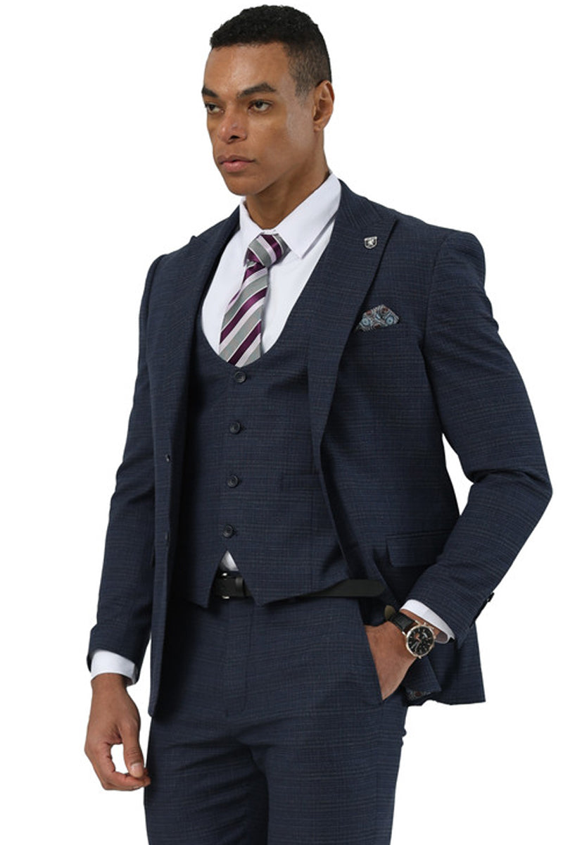 Men's Stacy Adams Two Button Peak Lapel Suit with Scoop Vest in Navy Glen Plaid - 34 Short