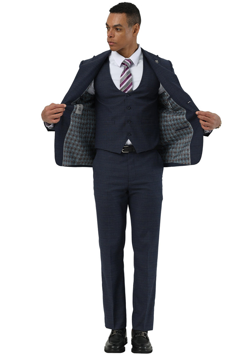Men's Stacy Adams Two Button Peak Lapel Suit with Scoop Vest in Navy Glen Plaid - 34 Short