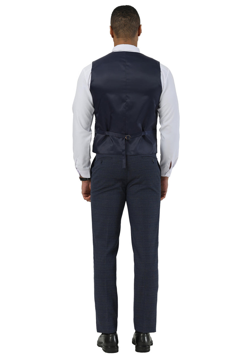 Men's Stacy Adams Two Button Peak Lapel Suit with Scoop Vest in Navy Glen Plaid - 34 Short