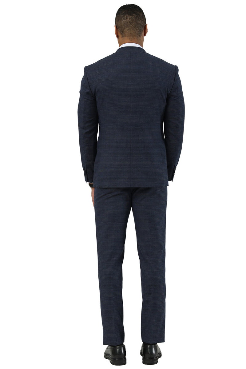 Men's Stacy Adams Two Button Peak Lapel Suit with Scoop Vest in Navy Glen Plaid - 34 Short