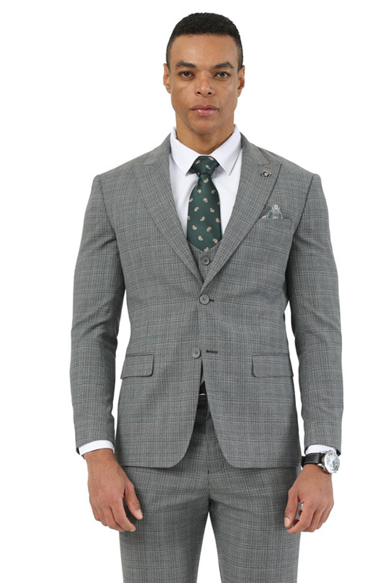 Men's Stacy Adams Two Button Peak Lapel Suit with Scoop Vest in Grey Glen Plaid - 34 Short