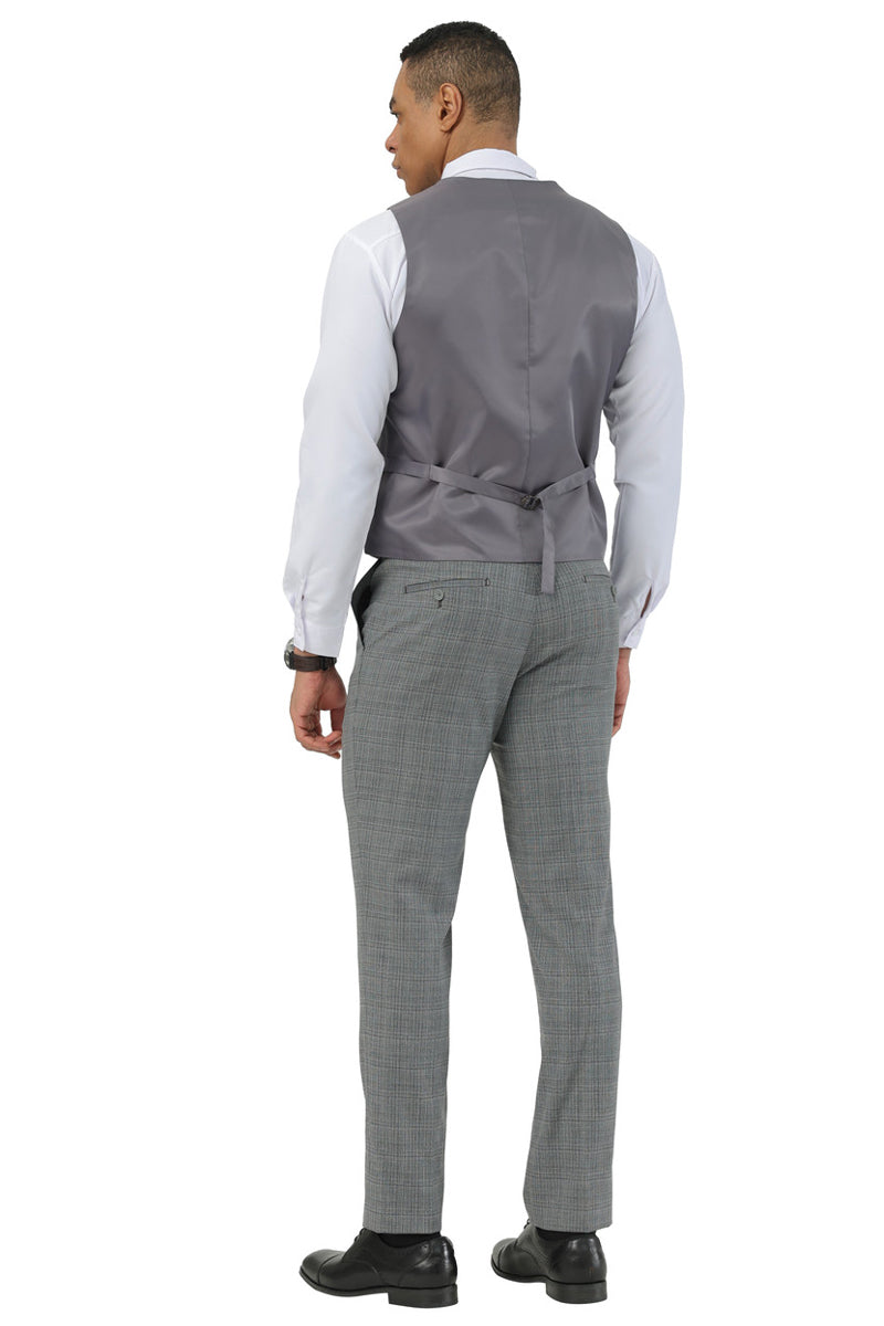 Men's Stacy Adams Two Button Peak Lapel Suit with Scoop Vest in Grey Glen Plaid - 34 Short
