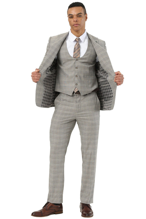 Men’s Khaki Glen Plaid Stacy Adams 3 Piece Suit, Two Button Peak Lapel Formal Wedding Suit Set