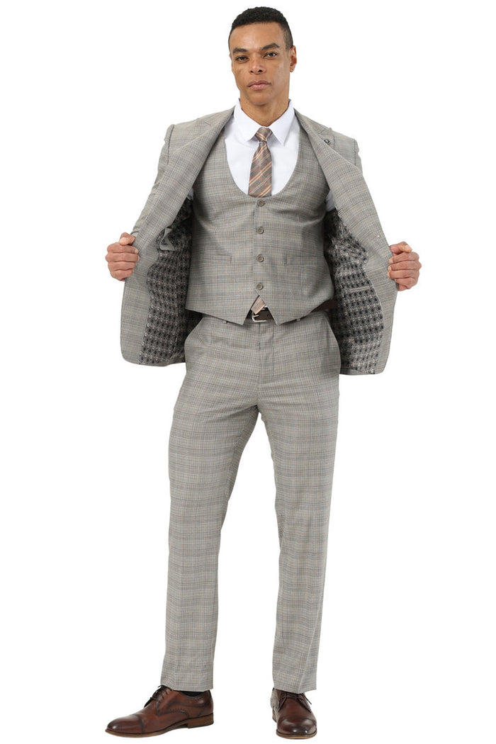 Men’s Khaki Glen Plaid Stacy Adams 3 Piece Suit, Two Button Peak Lapel Formal Wedding Suit Set