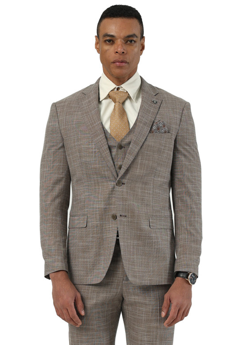 Men's Designer Stacy Adams Vested Suit in Light Brown Sharkskin Weave - 38 Regular