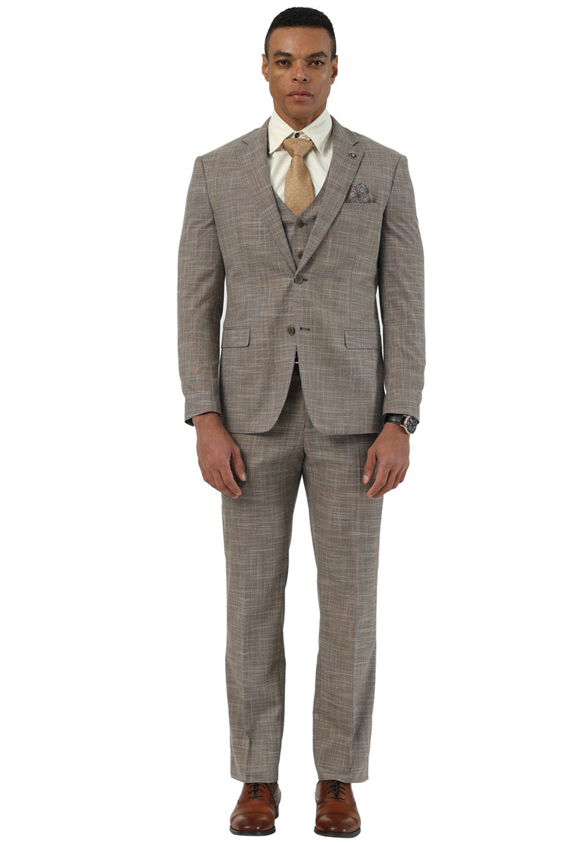 Men's Designer Stacy Adams Vested Suit in Light Brown Sharkskin Weave - 38 Regular