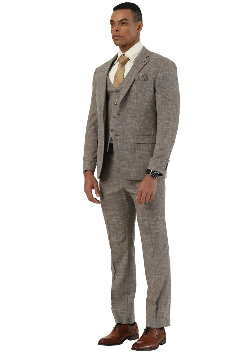 Men's Designer Stacy Adams Vested Suit in Light Brown Sharkskin Weave - 38 Regular
