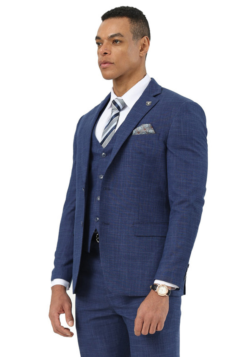 Men's Designer Stacy Adams Vested Suit in Indigo Blue Sharkskin Weave - 38 Regular
