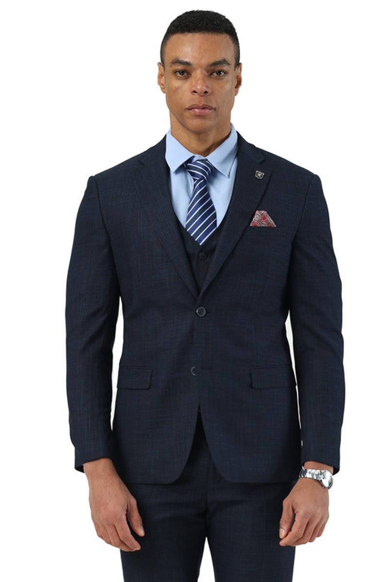 Men's Designer Stacy Adams Vested Suit in Navy Blue Sharkskin Weave - 38 Regular