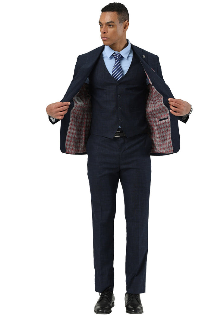 Men's Designer Stacy Adams Vested Suit in Navy Blue Sharkskin Weave